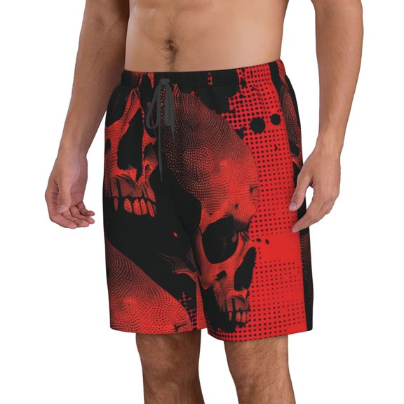 Uemuo Red And Black Abstract Skull Pattern Men's Swim Trunks Hawaiian Beach Bathing Suit Swimsuits Beach Quick-Dry Shorts with Pockets-Small
