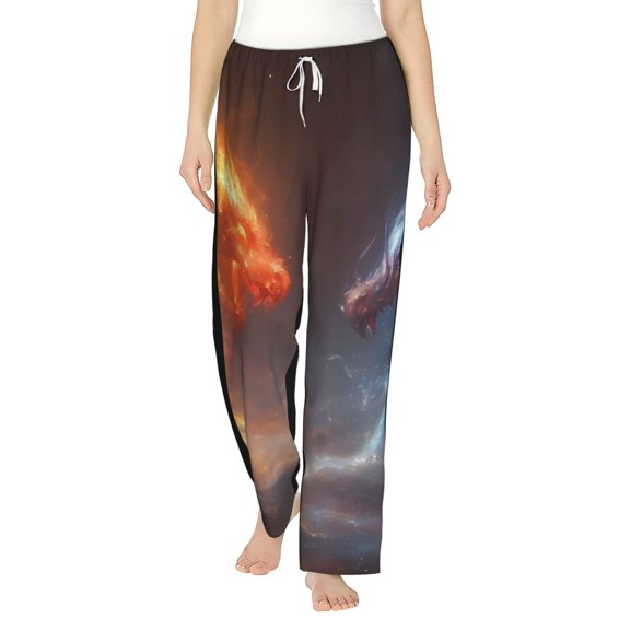 Uemuo Red And Blue Fire Dragon D Pattern Women's Wide Leg Palazzo Lounge Pants with Pockets Light Weight Loose Comfy Casual Pajama Pants-Medium