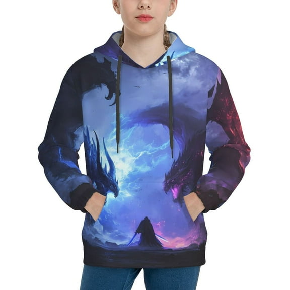 Uemuo Red And Blue Fire Dragon Pattern Hooded Sweatshirt for Youth Pullover with Kangaroo Pocket Trendy youth sweatshirt Casual Hoodie for Boys and Girls-Small