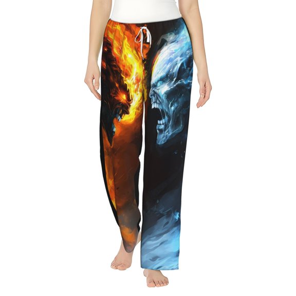 Uemuo Red And Blue Fire Skull Warrior Pattern Women's Wide Leg Palazzo Lounge Pants with Pockets Light Weight Loose Comfy Casual Pajama Pants-Large