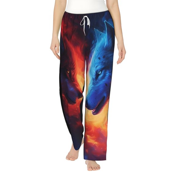 Uemuo Red And Blue Fire Wolf Pattern Women's Wide Leg Palazzo Lounge Pants with Pockets Light Weight Loose Comfy Casual Pajama Pants-Small