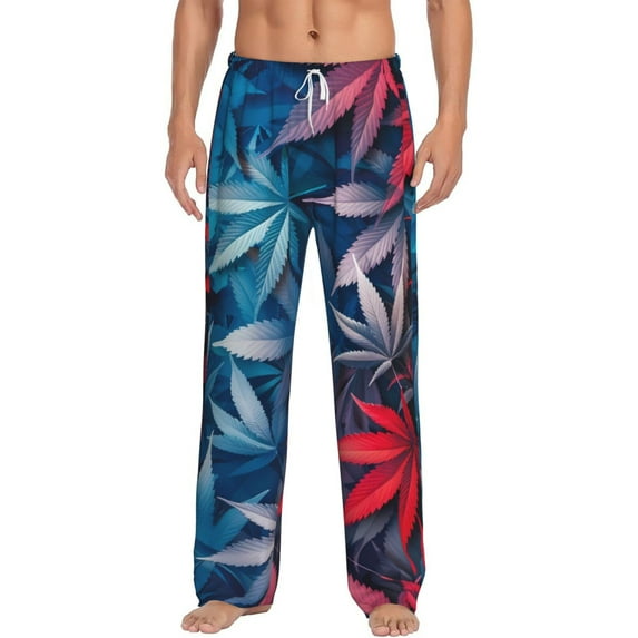Uemuo Red And Blue Leaves Pattern Men's Wide Leg Palazzo Lounge Pants with Pockets Light Weight Loose Comfy Casual Pajama Pants-XX-Large