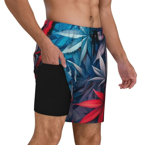 Uemuo Red And Blue Leaves Pattern Mens Swim Trunks Quick Dry Board Shorts with Mesh Lining, Stretch Beach Shorts Quick Dry No-Chafing Board Shorts-3X-Large