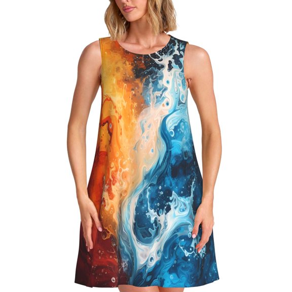 Uemuo Red And Blue Waves Pattern Women’s Sleeveless Dress – Casual Summer A-Line Dress, Stylish and Comfortable Sundress for Hot Weather