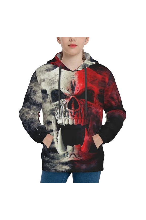 Red And White Screaming Demon Skull Pattern Hooded Sweatshirt for Youth Pullover with Kangaroo Pocket Trendy youth sweatshirt Casual Hoodie for Boys and Girls-Large