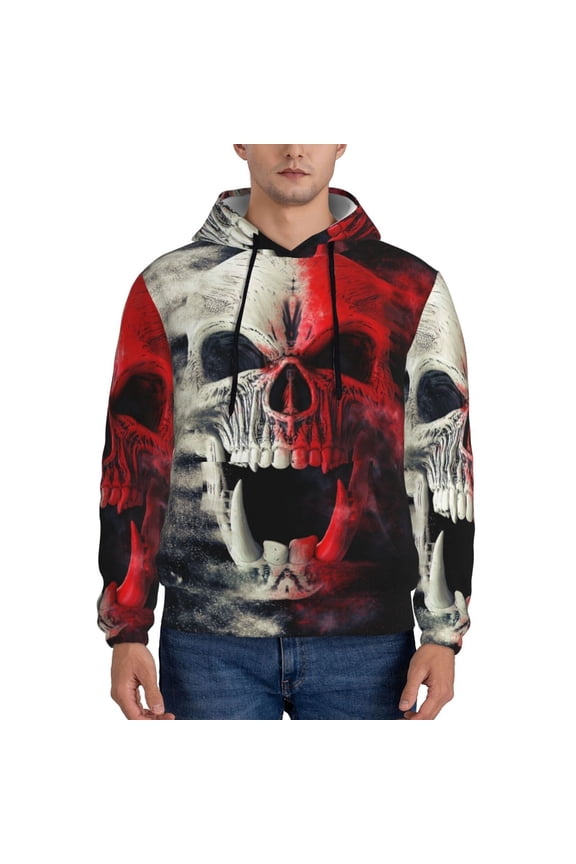 Red And White Screaming Demon Skull Pattern Men's Hoodie - Casual Pullover Hoodie with Kangaroo Pocket, Stylish Hooded Sweatshirt for Everyday Wear-Large