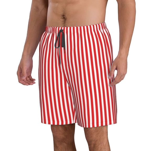 Uemuo Red And White Stripes Pattern Men's Swim Trunks Hawaiian Beach Bathing Suit Swimsuits Beach Quick-Dry Shorts with Pockets-Small