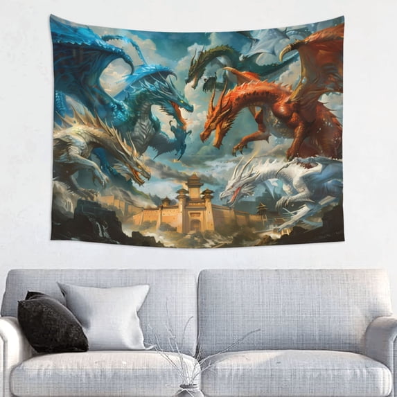 Uemuo Red Blue Dragon Battle Epic Printed 29x37 Inch Tapestry Wall Hanging – Lightweight & Durable – Perfect for Dorm Decor, Beach Throw, Sofa Cover, Tablecloth