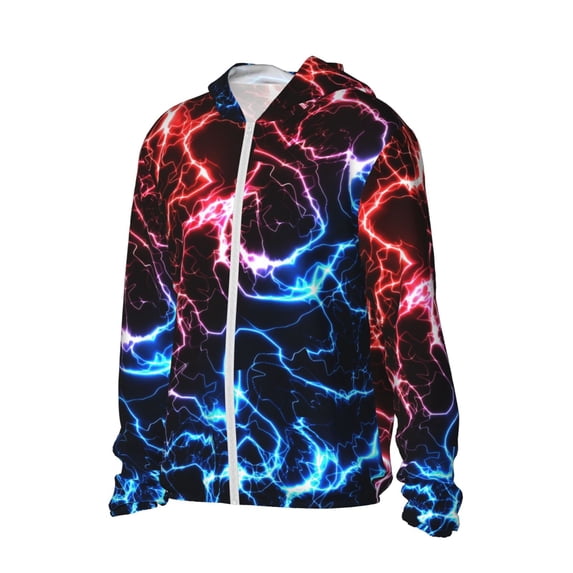 Uemuo Red And Blue Lightning Pattern Women's Full Zip UPF 50+ Sun Protection Hoodie Jacket Long Sleeve Sun Shirt Hiking Outdoor Performance with Pockets-Small