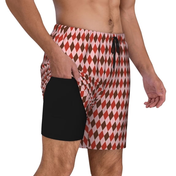 Uemuo Red and Brown Squares Pattern Mens Swim Trunks Quick Dry Board Shorts with Mesh Lining, Stretch Beach Shorts Quick Dry No-Chafing Board Shorts-X-Large