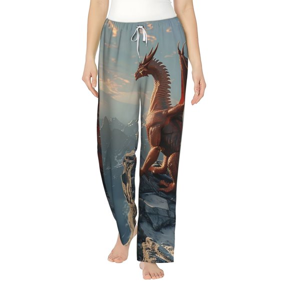 Uemuo Red Dragon Mountain Sunrise Pattern Women's Wide Leg Palazzo Lounge Pants with Pockets Light Weight Loose Comfy Casual Pajama Pants-Small