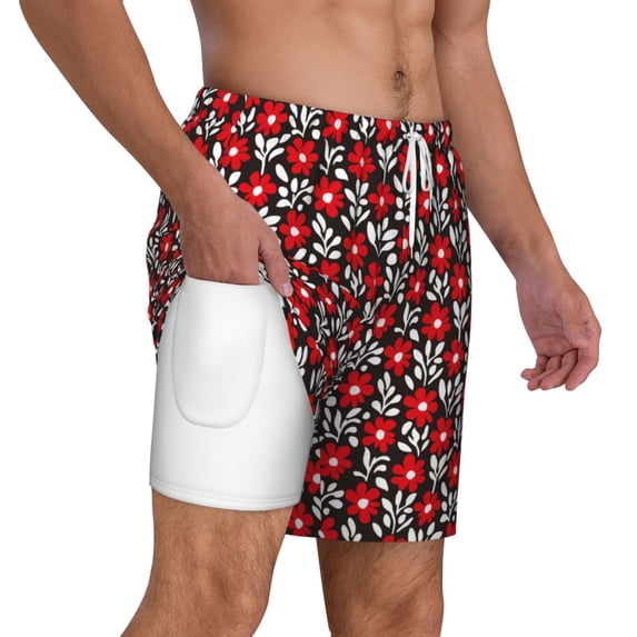 Uemuo Red Floral Pattern Mens Swim Trunks Quick Dry Board Shorts with Mesh Lining, Stretch Beach Shorts Quick Dry No-Chafing Board Shorts-Medium