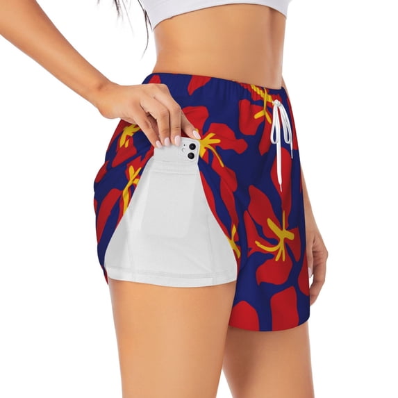 Uemuo Red Floral Pattern Women's Athletic Shorts High Waisted Running Shorts with Liner Pockets Gym Elastic Workout Shorts-Large