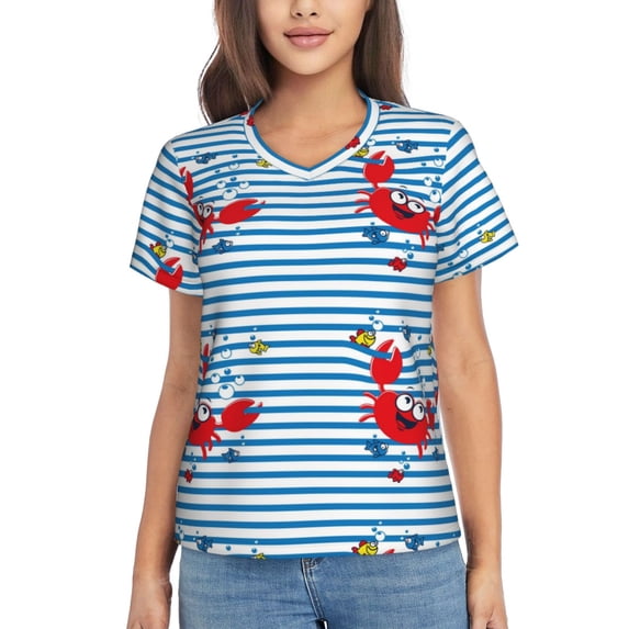 Uemuo Red Funny Crab on Blue Stripe Printed Women's Classic V-Neck T-Shirt - Soft, Breathable, Moisture-Wicking, Perfect for Casual, Office, Travel, and Everyday Wear-Small