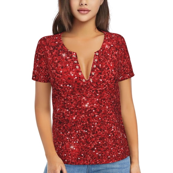 Uemuo Red Glitter Drawing Women's Deep V-Neck Low Cut Tops - Casual Loose Fit with Stainless Steel Loop, Soft, Breathable, Perfect for Office, Travel, and Daily Wear-Small