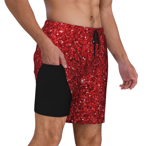Uemuo Red Glitter Pattern Mens Swim Trunks Quick Dry Board Shorts with Mesh Lining, Stretch Beach Shorts Quick Dry No-Chafing Board Shorts-