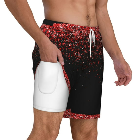 Uemuo Red Glitter1 Pattern Mens Swim Trunks Quick Dry Board Shorts with Mesh Lining, Stretch Beach Shorts Quick Dry No-Chafing Board Shorts-XX-Large