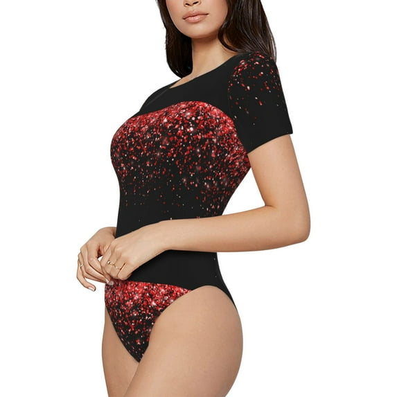 Uemuo Red Glitter1 Pattern Women's One Piece Short Sleeve Swimsuit Rash Guard Surfing Modest Quick-drying Swimsuit Beach Essentials-