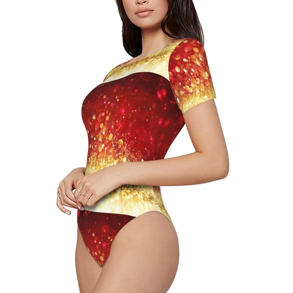 Uemuo Red Gold Glitter Pattern Women's One Piece Short Sleeve Swimsuit Rash Guard Surfing Modest Quick-drying Swimsuit Beach Essentials-XX-Large