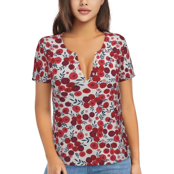 Uemuo Red Hawthorn Drawing Women's Deep V-Neck Low Cut Tops - Casual Loose Fit with Stainless Steel Loop, Soft, Breathable, Perfect for Office, Travel, and Daily Wear-X-Large