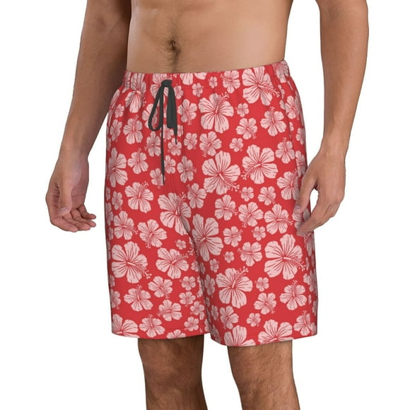 Uemuo Red Hibiscus Flower Pattern Men's Swim Trunks Hawaiian Beach Bathing Suit Swimsuits Beach Quick-Dry Shorts with Pockets-3X-Large