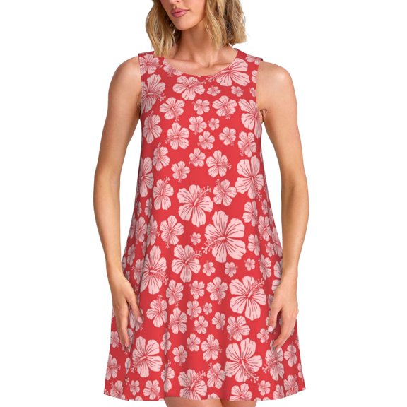 Uemuo Red Hibiscus Flower Pattern Women’s Sleeveless Dress – Casual Summer A-Line Dress, Stylish and Comfortable Sundress for Hot Weather