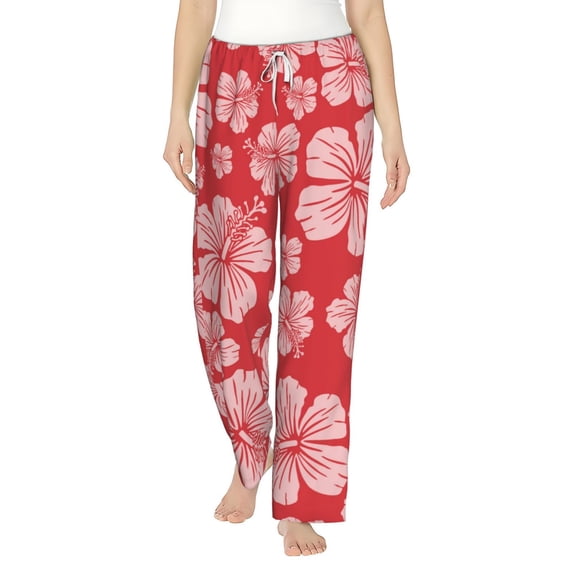 Uemuo Red Hibiscus Flower Pattern Women's Wide Leg Palazzo Lounge Pants with Pockets Light Weight Loose Comfy Casual Pajama Pants-Large