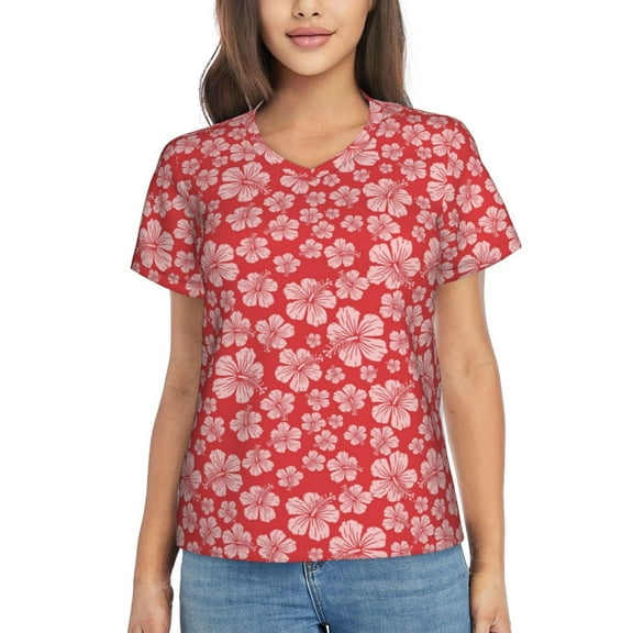 Uemuo Red Hibiscus Flower Printed Women's Classic V-Neck T-Shirt - Soft, Breathable, Moisture-Wicking, Perfect for Casual, Office, Travel, and Everyday Wear-X-Large