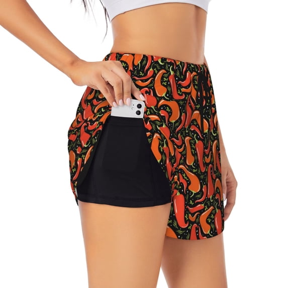 Uemuo Red Hot Chili Pattern Women's Athletic Shorts High Waisted Running Shorts with Liner Pockets Gym Elastic Workout Shorts-Large