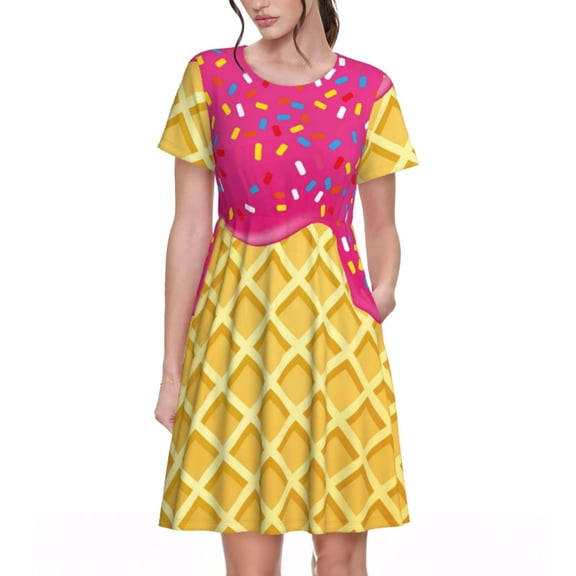 Uemuo Red Ice Cream Print Womens Summer Dress Casual Swing Short Sleeve Sundresses Beach A-line Shift Dress
