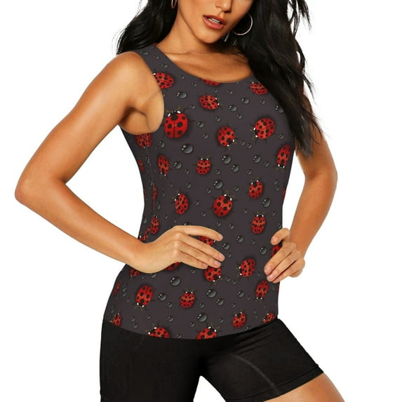 Uemuo Red Ladybugs On Dark Background Pattern Workout Tank Tops for Women Breathable Moisture-wicking tank top Sleeveless Running Loose Fit Yoga Tops Active Shirts Sports Gym Exercise