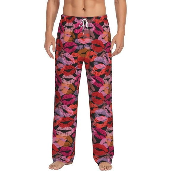 Uemuo Red Lips Kissing Pattern Men's Wide Leg Palazzo Lounge Pants with Pockets Light Weight Loose Comfy Casual Pajama Pants-Medium