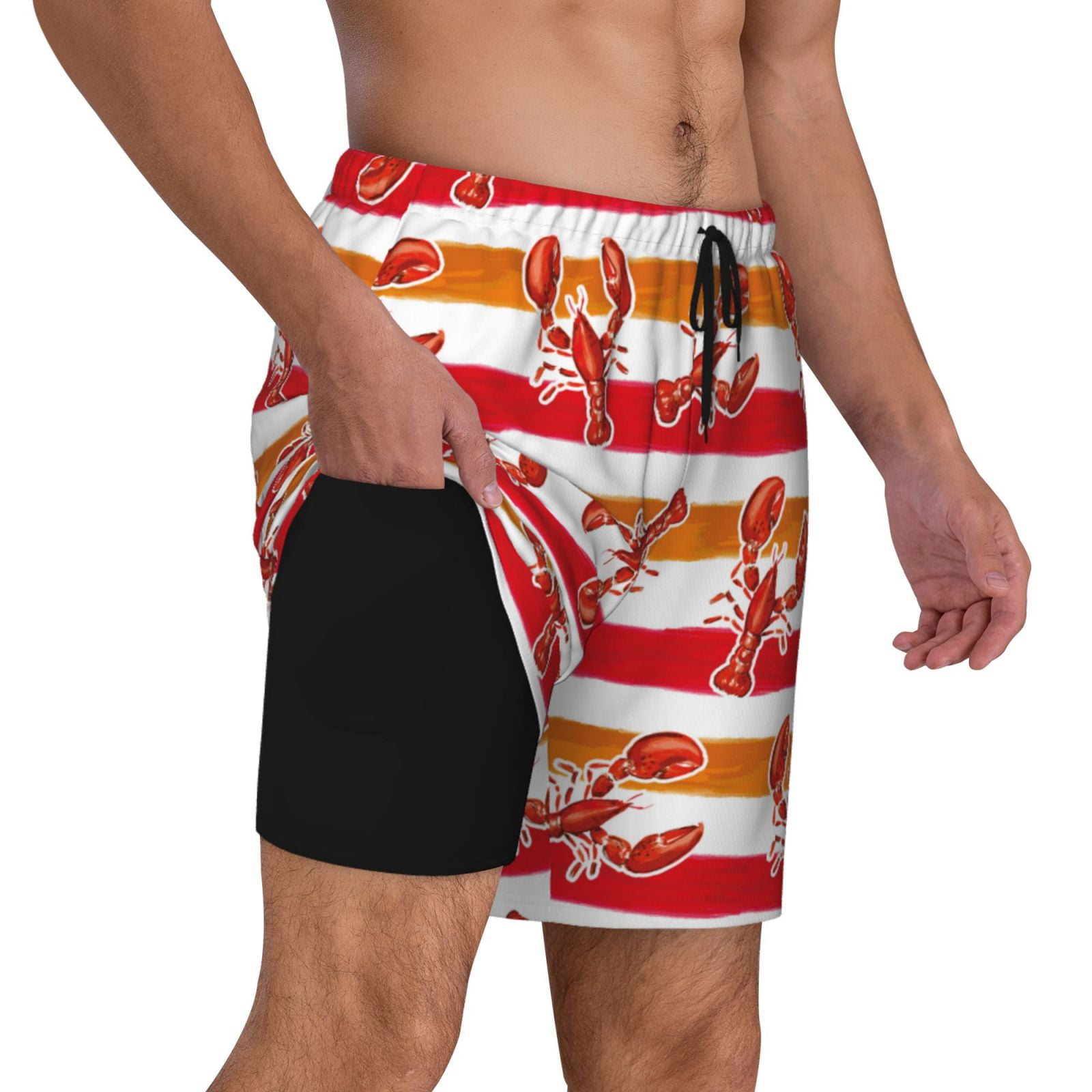 Uemuo Red Lobster Pattern Mens Swim Trunks Quick Dry Board Shorts with