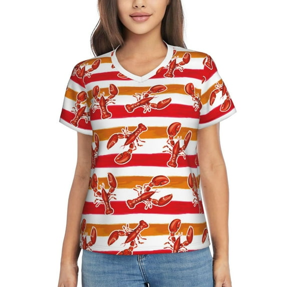Uemuo Red Lobster Printed Women's Classic V-Neck T-Shirt - Soft, Breathable, Moisture-Wicking, Perfect for Casual, Office, Travel, and Everyday Wear-XX-Large