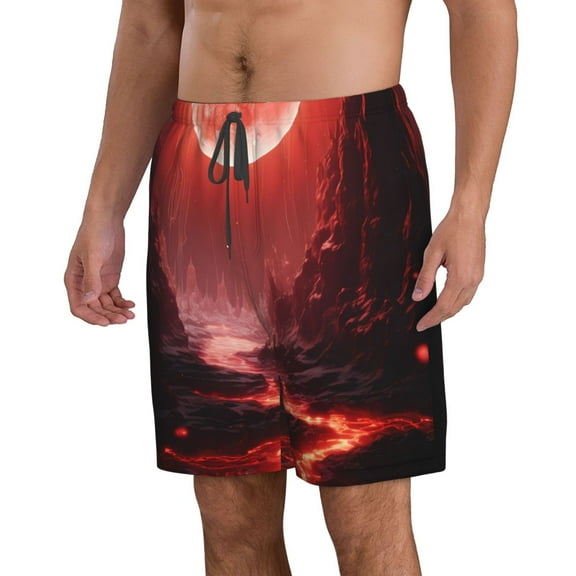 Uemuo Red Moon Lava Pattern Men's Swim Trunks Hawaiian Beach Bathing Suit Swimsuits Beach Quick-Dry Shorts with Pockets-Medium