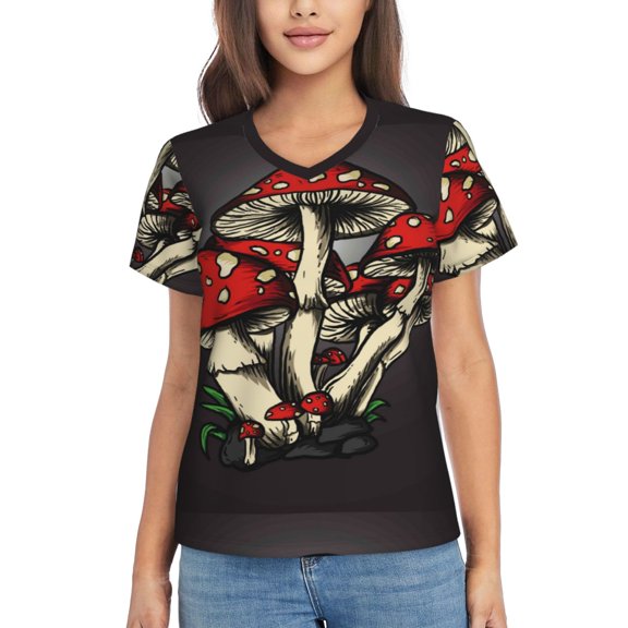 Uemuo Red Mushrooms Printed Women's Classic V-Neck T-Shirt - Soft, Breathable, Moisture-Wicking, Perfect for Casual, Office, Travel, and Everyday Wear-Medium