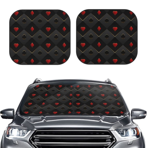 Uemuo Red Poker Printed 2 PCS Car Windshield Sun Shade, Auto Sun Heat and UV Rays Blocker, Foldable Automotive Front Window Sunshade Protector