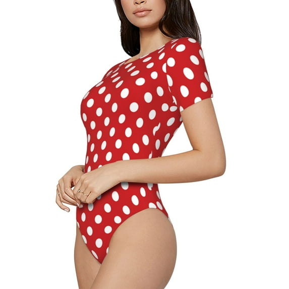 Uemuo Red Polka Dot Pattern Women's One Piece Short Sleeve Swimsuit Rash Guard Surfing Modest Quick-drying Swimsuit Beach Essentials-X-Large