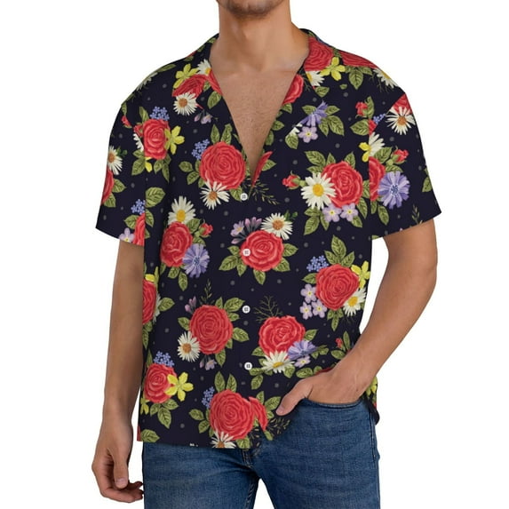 Uemuo Red Rose Flower Pattern Cotton Linen Short Sleeve Shirts,Casual Lightweight Button Down Shirts,Vacation Beach Summer Tops-X-Large