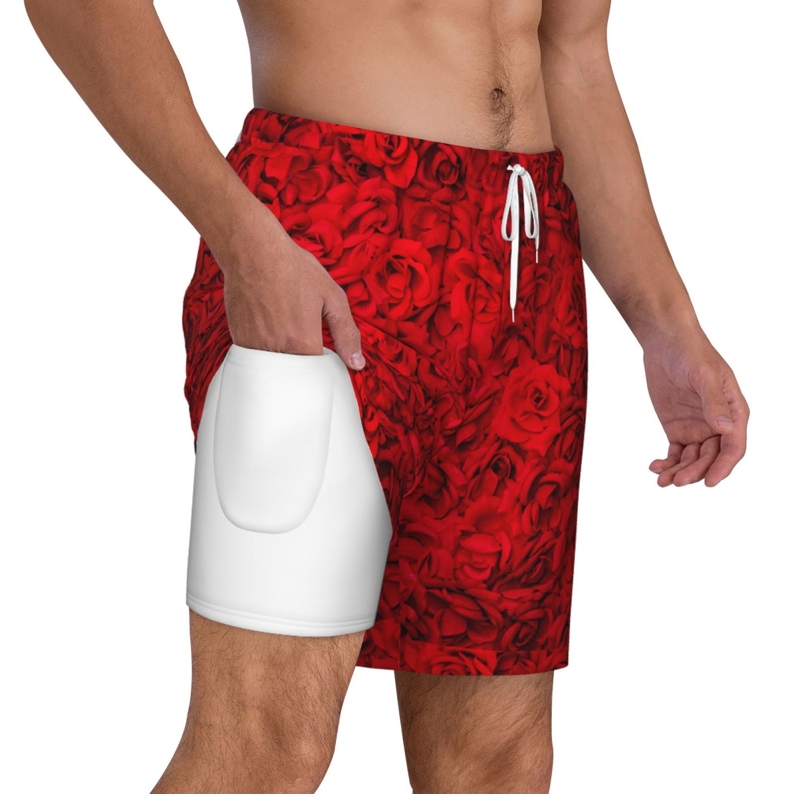Uemuo Red Rose Pattern Mens Swim Trunks Quick Dry Board Shorts with