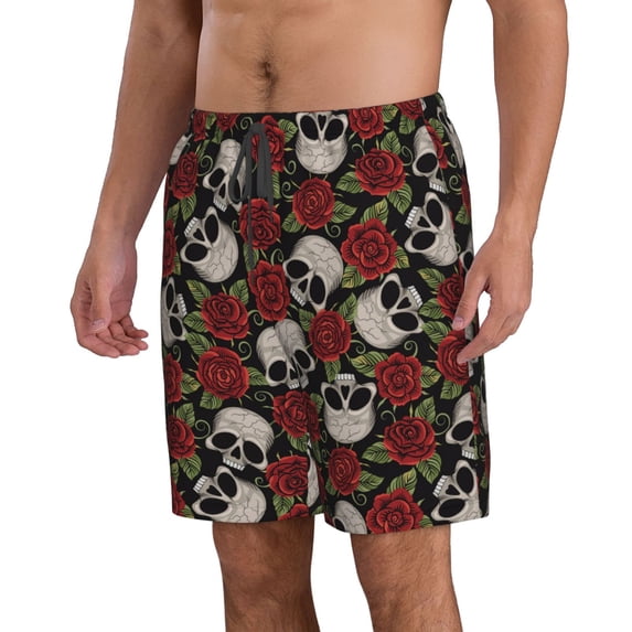 Uemuo Red Rose Skull Pattern Men's Swim Trunks Hawaiian Beach Bathing Suit Swimsuits Beach Quick-Dry Shorts with Pockets-Medium