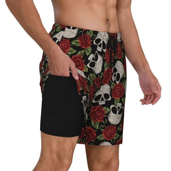 Uemuo Red Rose Skull Pattern Mens Swim Trunks Quick Dry Board Shorts with Mesh Lining, Stretch Beach Shorts Quick Dry No-Chafing Board Shorts-Large