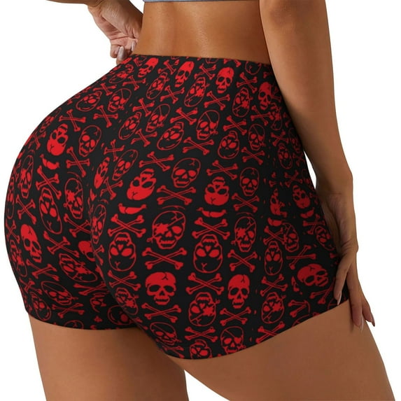 Uemuo Red Skulls With Crossbones Pattern Women Workout Impact Shorts Scrunch Butt Lifting Gym Shorts Seamless Booty Biker Shorts-XX-Large