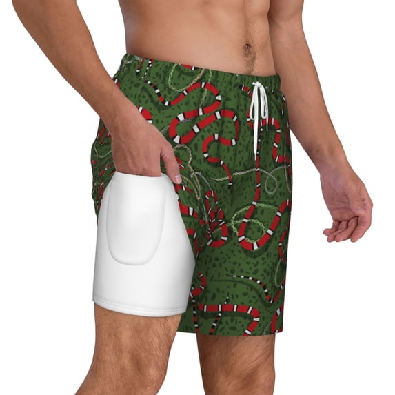 Uemuo Red Snake Pattern Mens Swim Trunks Quick Dry Board Shorts with Mesh Lining, Stretch Beach Shorts Quick Dry No-Chafing Board Shorts-Large