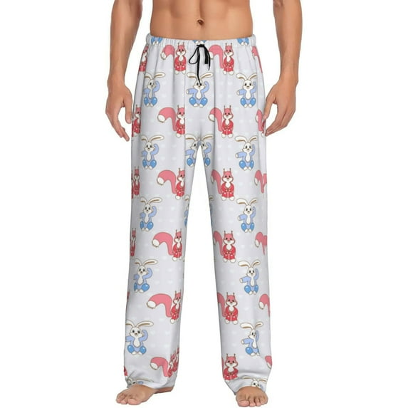 Uemuo Red Squirrel And Blue Rabbit Pattern Men's Wide Leg Palazzo Lounge Pants with Pockets Light Weight Loose Comfy Casual Pajama Pants-Large