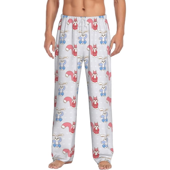 Uemuo Red Squirrel And Blue Rabbit Pattern Men's Wide Leg Palazzo Lounge Pants with Pockets Light Weight Loose Comfy Casual Pajama Pants-X-Large