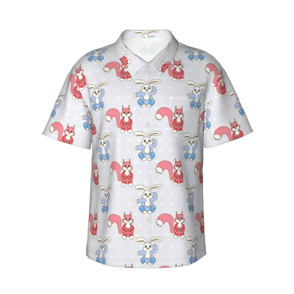 Uemuo Red Squirrel And Blue Rabbit Printed Regular Fit Short Sleeve Casual Hawaiian Shirt for Men,Aloha shirt,Tropical shirt,Floral print shirt,Vacation Beach shirt-Small