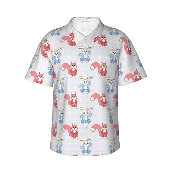 Uemuo Red Squirrel And Blue Rabbit Printed Regular Fit Short Sleeve Casual Hawaiian Shirt for Men,Aloha shirt,Tropical shirt,Floral print shirt,Vacation Beach shirt-XX-Large