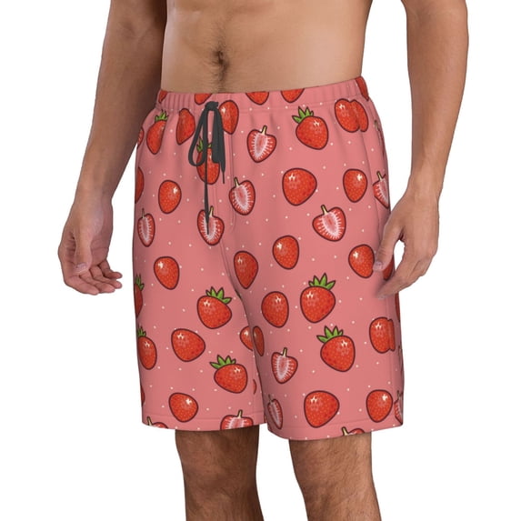 Uemuo Red Strawberry Pattern Men's Swim Trunks Hawaiian Beach Bathing Suit Swimsuits Beach Quick-Dry Shorts with Pockets-XX-Large