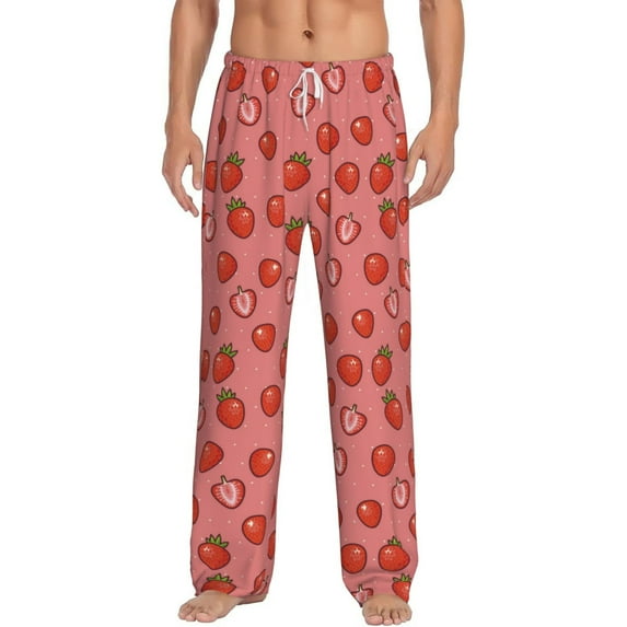 Uemuo Red Strawberry Pattern Men's Wide Leg Palazzo Lounge Pants with Pockets Light Weight Loose Comfy Casual Pajama Pants-X-Large